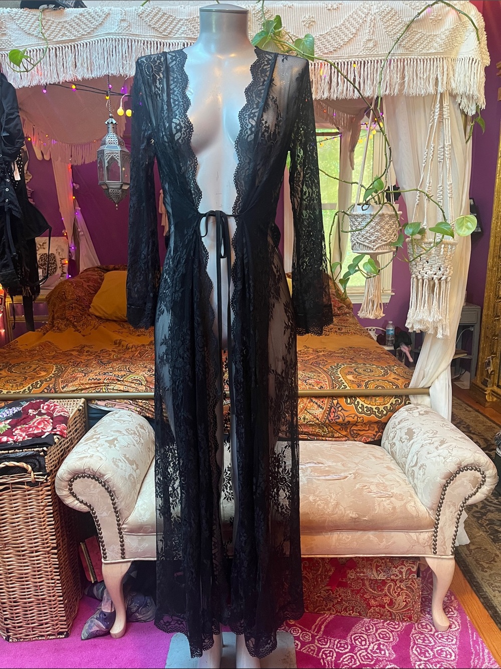 Black sheer lace tie front wide sleeve maxi robe kimono